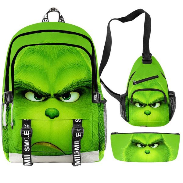 

backpack 3d green monster christmas teenager boys girls set/3pcs children cartoon waterproof oxford schoolbag student lapbag