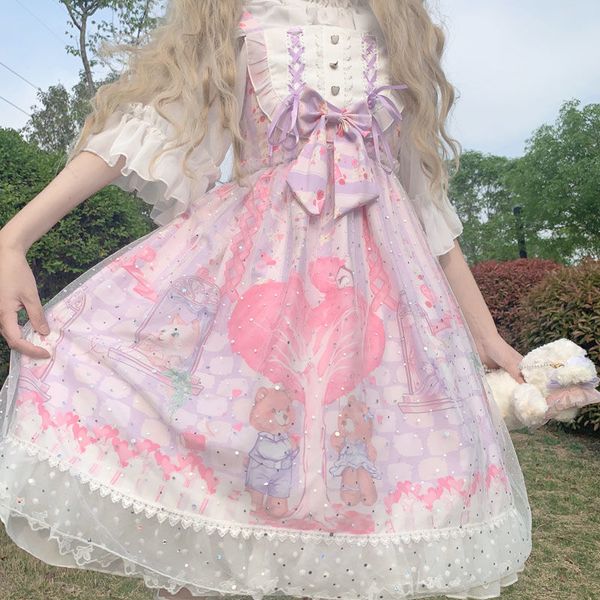 

daily summer kawaii cartoon print sleeveless sling dress cosplay costume japanese style victorian sweet lolita 210517, Black;gray