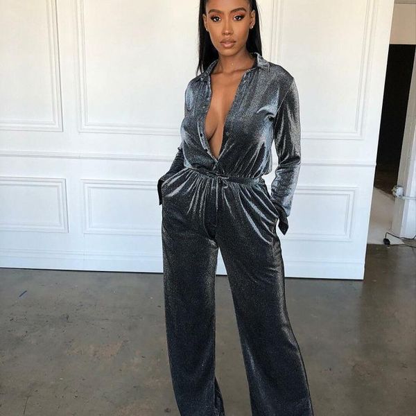

women's jumpsuits & rompers women turn-down collar glitter jumpsuit solid long sleeve wide leg casual clubwear party loose, Black;white