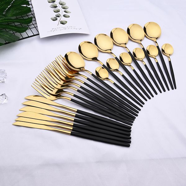 

24pcs black gold dinnerware set stainless steel cutlery set kitchen fork knife spoon tableware set flatware silverware