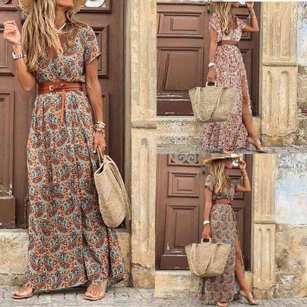 

vintage boho long dress womens floral print v-neck short sleeve elegant dress boho vestidos plus size, Black;gray