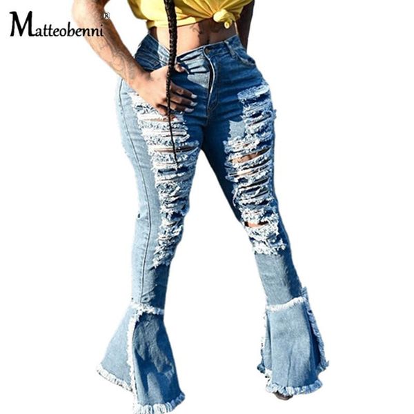 

autumn women solid ripped bell-bottom jeans lady high waist skinny hollow out tassels night party denim flared pants women's, Blue