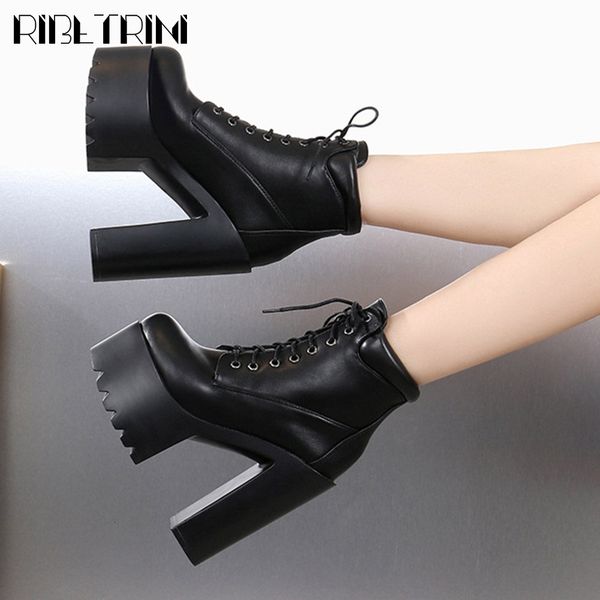 

boots girl black shoes lace platform block heel solid ankle women winter brand punk boots