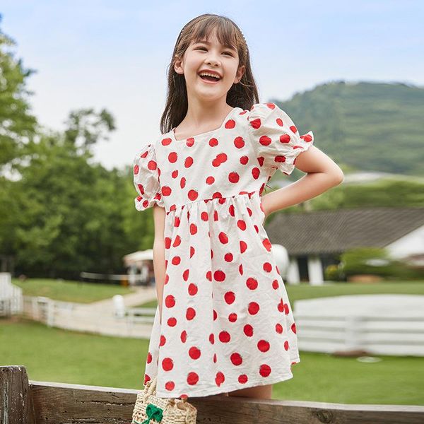

summer red polka dot print dress for girls 6 7 8 9 10 years 2021 children clothes girl's dresses, Red;yellow