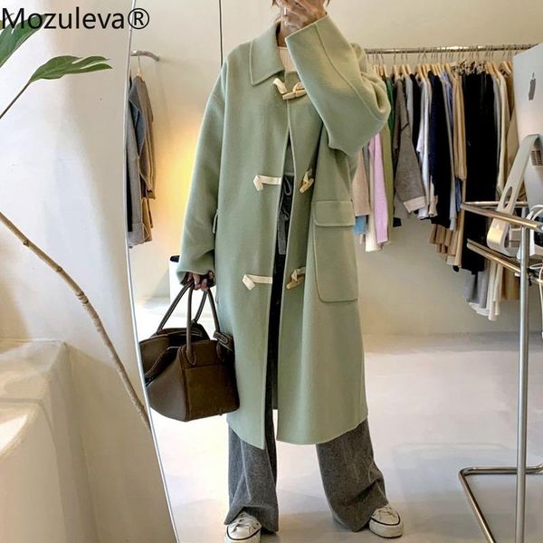 

women's wool & blends mozuleva retro loose horn button women long green woolen coats autumn winter warm full sleeve turn down collar fe, Black