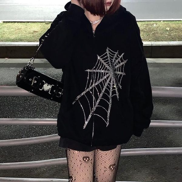 

women's hoodies & sweatshirts gothic rhinestone letter print long sleeve pullover zipper loose oversized streetwear casual 2021 autumn, Black