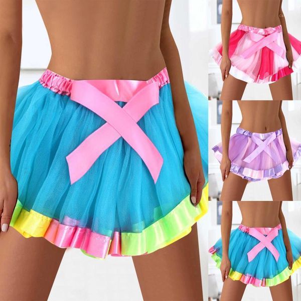 

skirts kawaii mini skirt 2021 fashion women bow rainbow elasticity 3 layered short tutu dancing, Black