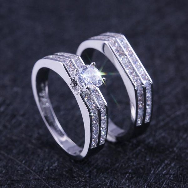 

luxury 2pc couple engagement ring sets solitare prong setting with micro paved dazzling stone classic wedding band rings, Slivery;golden