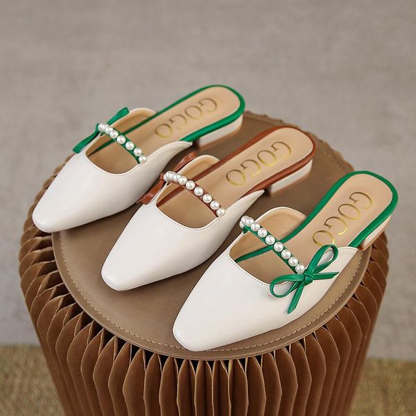 

slippers string bead flat shoes female square heel woman's butterfly-knot slides fashion cover toe low block 2021 soft luxury ru, Black
