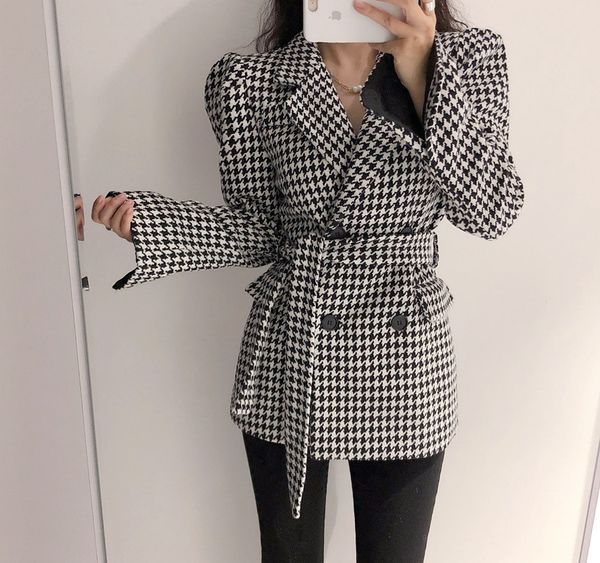 

two piece dress korean women's coat, retro elegant office herringbone pants, wool coat, White