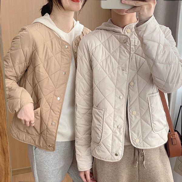 

winter short style cotton padded jacket women casual wide waist argyle coats collarless khaki fashion quilted female parkas coat, Black;brown