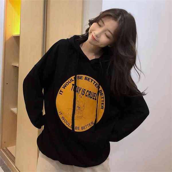 

2021 new autumn korean print disc letter personality loose and thin sweater women's hooded coat fashion, Black