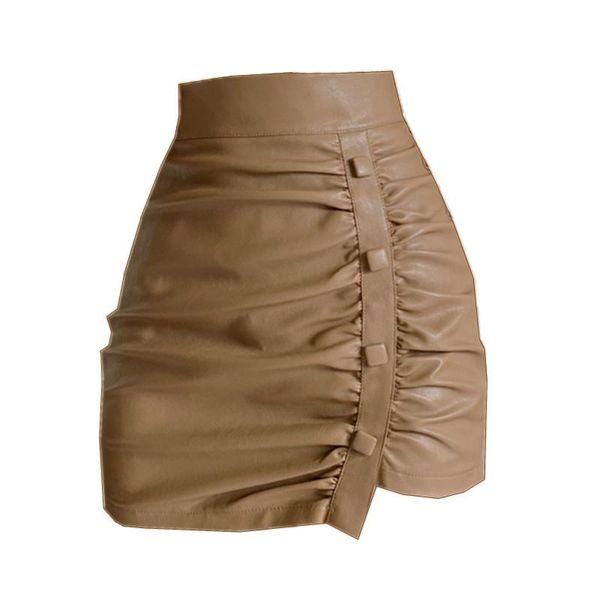 

skirts chic summer japanese women pleated pu leather skirt a-line high waist buttons slim one step bodycon ladies bottom wear, Black