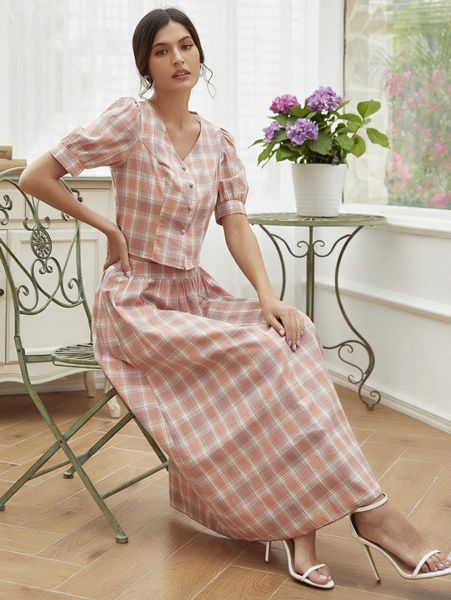 

tartan button up & skirt set u09o#, White