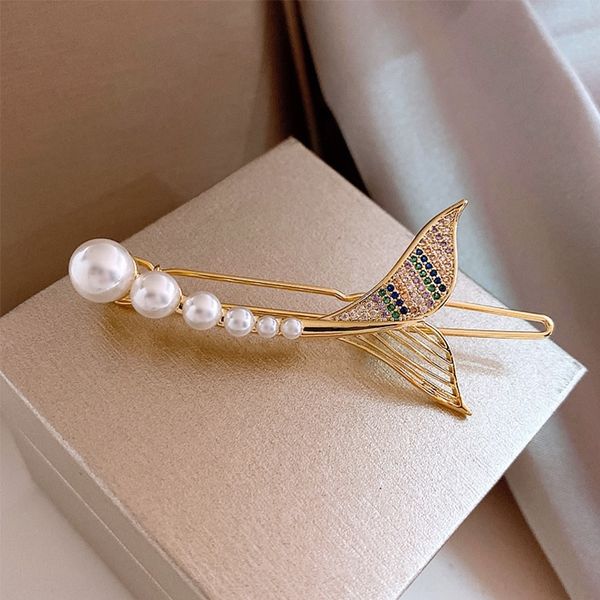 

9Aoe real gold electroplating fishtail pearl hair clips rpin korean pearl nettemperament super fairy barrettes design bangs clip net red fa, Golden;silver