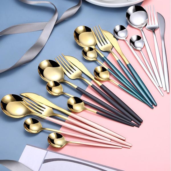 

dinnerware sets 4pcs/set black gold cutlery set 18/10 stainless steel silverware flatware dinner knife fork spoon drop