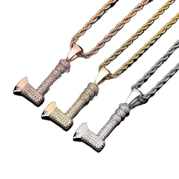 

chains 2021 bling iced out brass cz zicon axe charm pendant hip hop neckalce gold collier bijoux gift for women man fashion jewelry, Silver