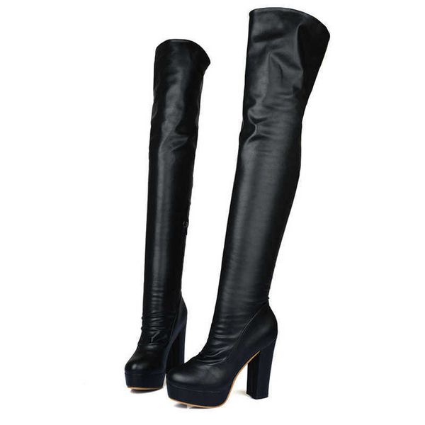 

zawsthia soft pu long overknees winter platform block high heels woman shoes thigh high boots over the knee boots big size 48 47 210611, Black