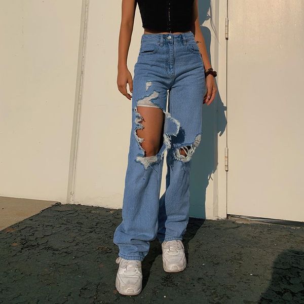 

women's jeans ripped straight jeans baggy vintage high waist boyfriends mom y2k denim distressed streetwear 2021 female harajuku p, Blue