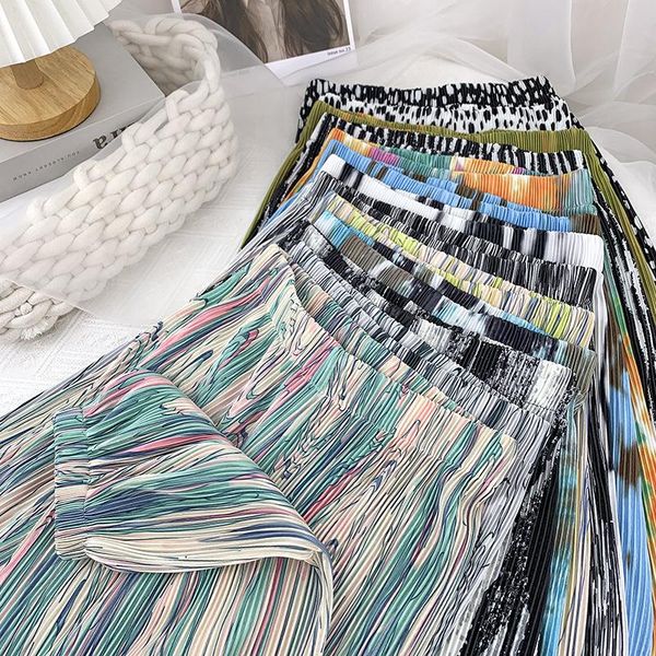 

women's pants & capris spring summer wide-leg high-waisted pleated drape printed trousers tie-dye mopping casual woman, Black;white