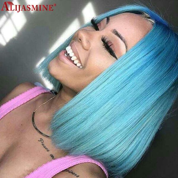 

blue colored short bob human hair wigs for women peruvian remy pink ombre part lace wig glueless straight pre plucked, Black;brown