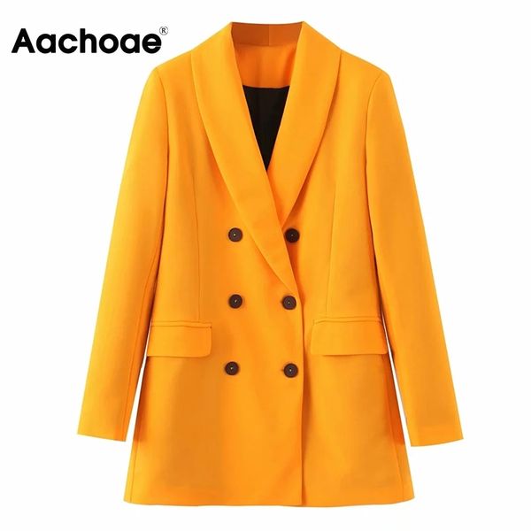 

aachoae fashion women long sleeve blazer double breasted office ladies blazers solid casual jacket coat with pockets 210413, White;black