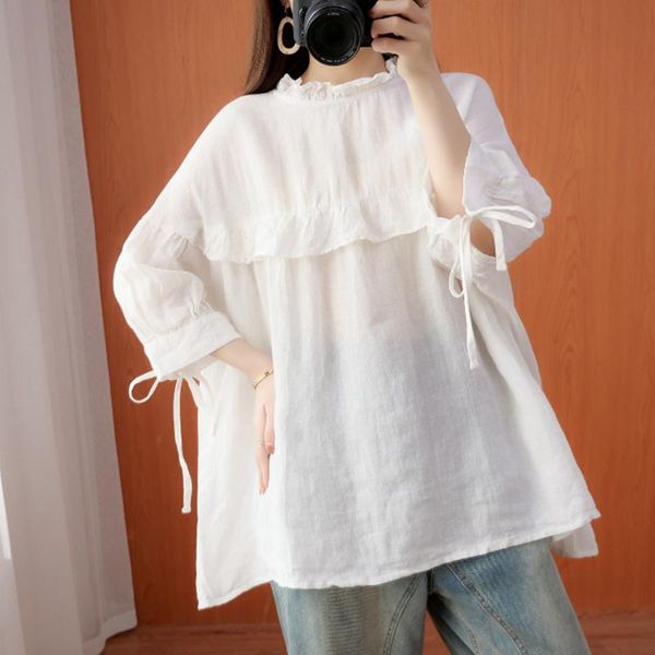

women's t-shirt cotton and linen solid color summer 2021 large tie three quarter sleeve doll collar shirt, White