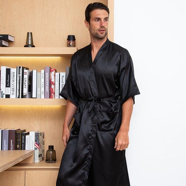 

men's sleepwear robe bathrobe kimono pajamas short sleeves wedding gown man dressing plus size simulation silk pijama, Black;brown