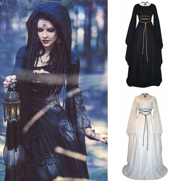 

casual dresses women medieval renaissance court cosplay viking gothic halloween costume dress bandage slim retro irregular vintage vestido #, Black;gray