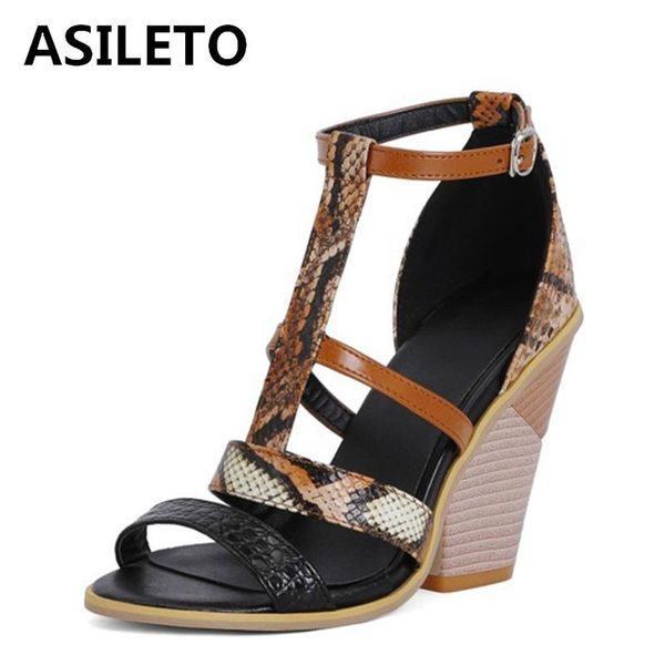 

sandals asileto 2021 ankle t buckle strap snakeskin open toe 10cm strange chunky cover heel us17 blue white brown a4345, Black