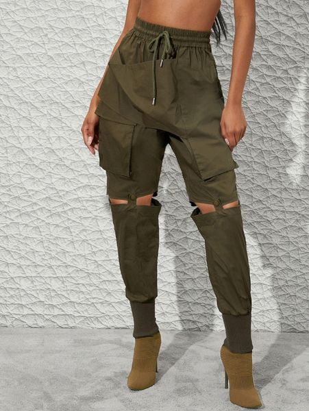 

drawstring waist cutout knee detail pants d3m8#, Black;white