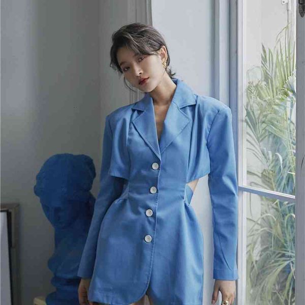 

women's suits & blazers blue designer jacket autumn fashion tunic hollow out long sleeve open back slim ladies coat black iwwe, White;black