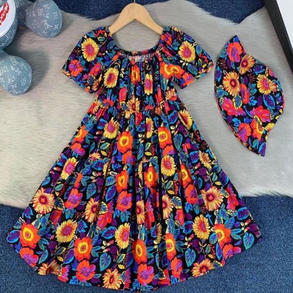

girl's dresses baby girl summer vintage floral bohemia prionted dress children slash neck high waist beach, Red;yellow