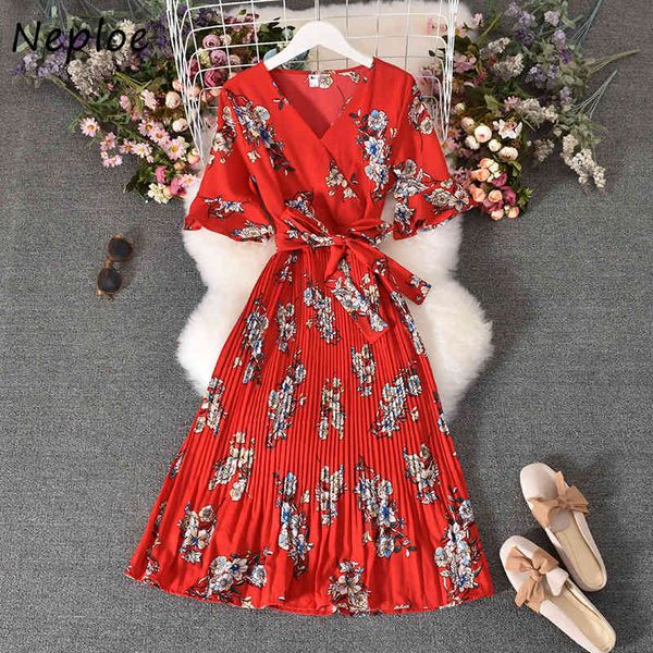 

neploe chiffon print floral drawstring dresses women summer new fresh sweet v-neck vestidos high waist pleated dress 1f891 210423, Black;gray