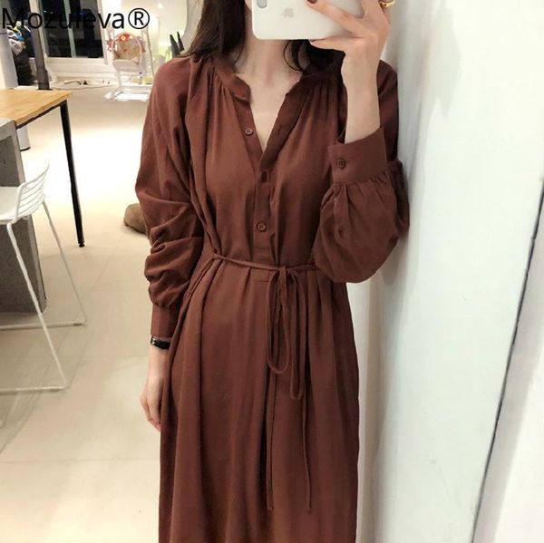 

casual dresses bornsraelegant v-neck women shirt dress lace up lantern sleeve female long korean style autumn loose vestidos femme 2021, Black;gray