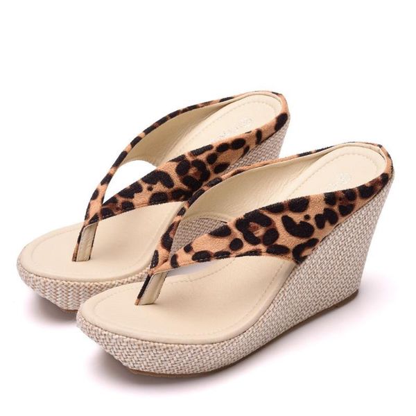 Slippers Womem's Wedge Flip Flip Flips Sandal Holiday High Heels High Sanddals Leopard feminino