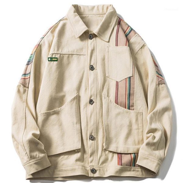 

men's jackets lacible streetwear hip hop color block patchwork denim jacket men striped 2021 autumn harajuku vintage cargo coats, Black;brown