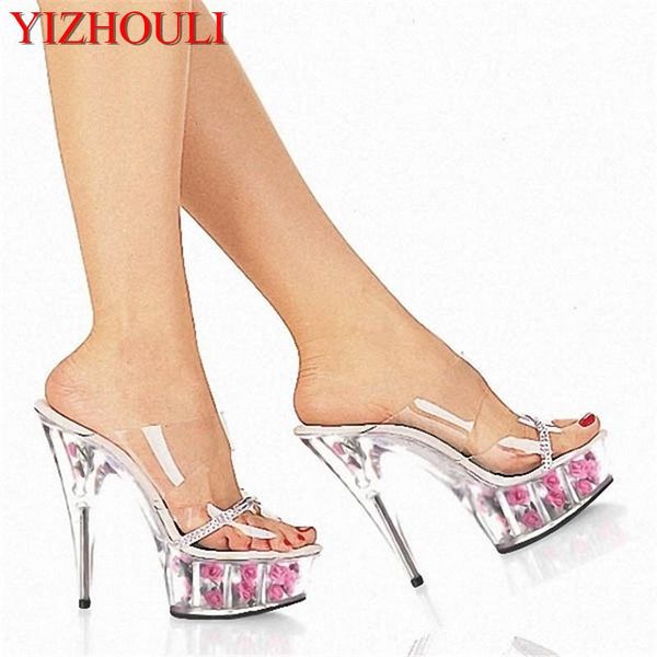 

slippers 15cm thin heels high-heeled shoes performance rose crystal 6 inch lovely flowers stripper, Black