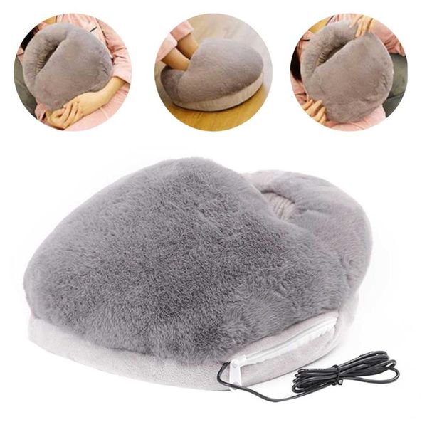 

home office soft warm winter shoes usb foot warmer wormwood safe faux fur heating slipper washable electric large pocket slippers, Black