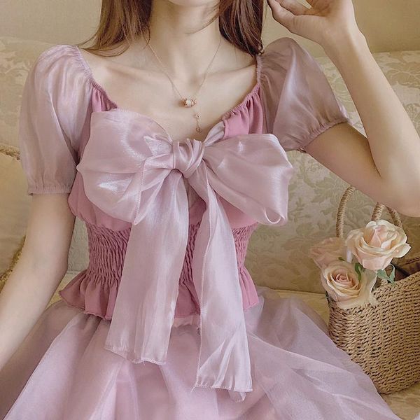 

women's blouses & shirts women ballet blouse summer fashion sleeve pink fairy shirt front bowtie mesh gauze slim chic female, White