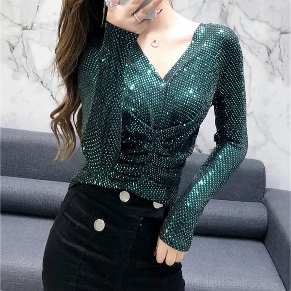 

women's t-shirt women sequin blusa v-neck basic shirts party long sleeve pleated ladies camisa 2021 femme clothes lu1285, White