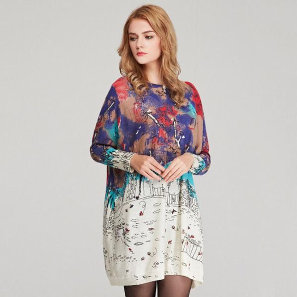 

casual dresses women's wool blend dress fashion autumn winter print kintwear oversized long sleeves o-neck sweaters loose pullovers 613, Black;gray