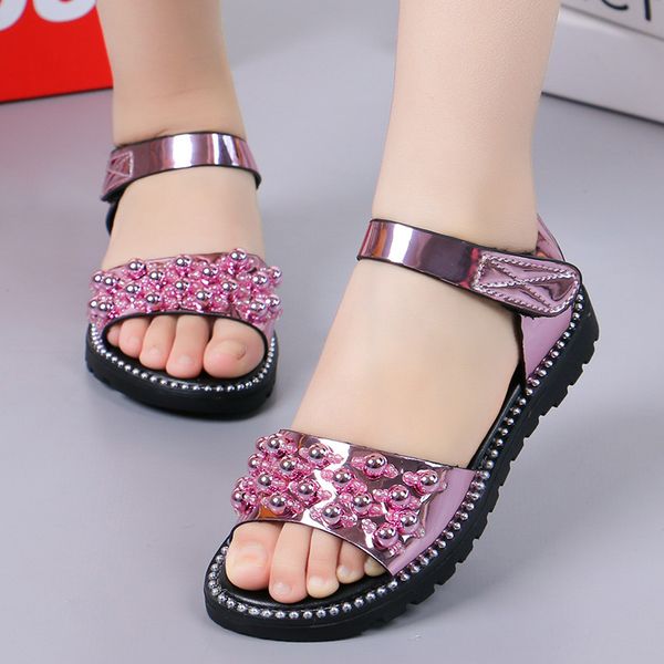 

girls summer pearls sandals 2021 new korean version childrens student beading princess beach shoes 5 6 7 8 9 10 11 12 years old, Black;red