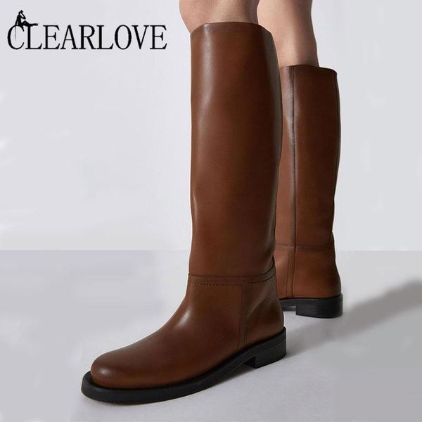 

boots women knee high genuine leather fashion winter 2021 autumn long tmedium heel motorcycle woman, Black