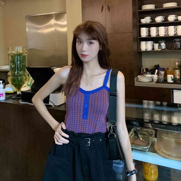 

women knitted camis tank knitting vintage plaid v-neck elastic strecth tape sleeveless t-shirt fitness shirts summer 210423, White