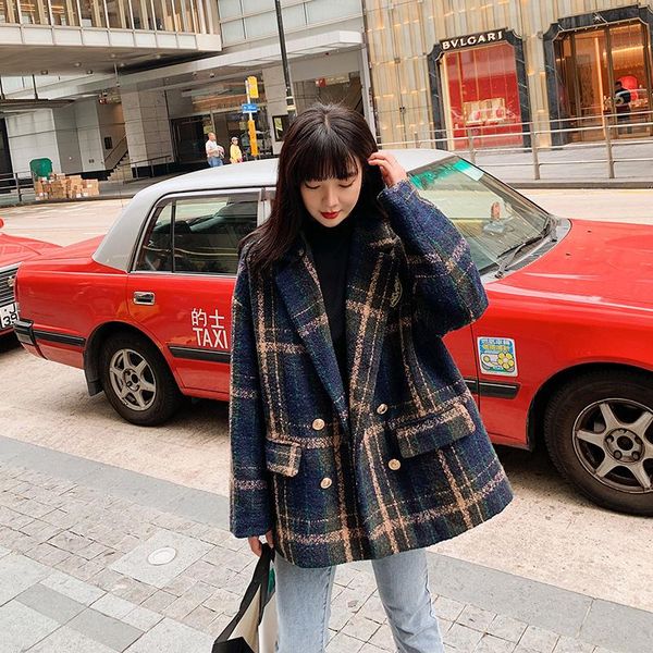 

women's wool & blends plaid suit collar woolen coat for 2021 winter all-match temperament short women, Black