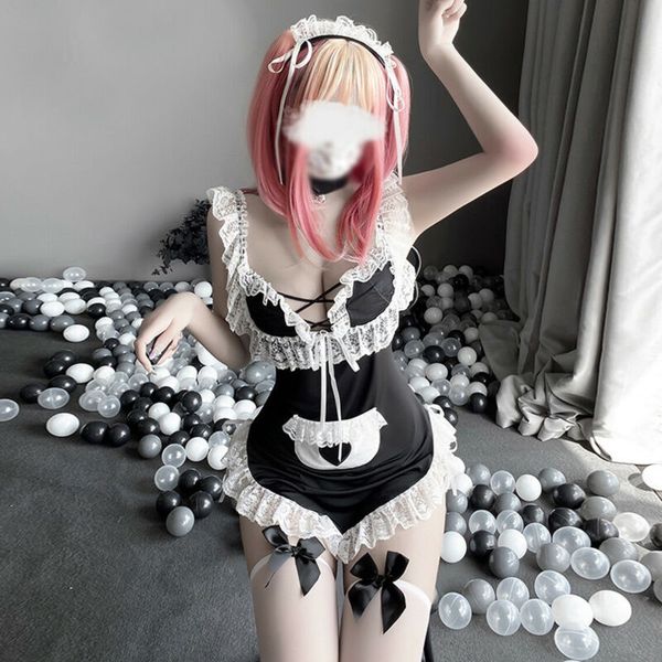

women set lingeries maid waitress dress uniform cosplay costume, Black;white