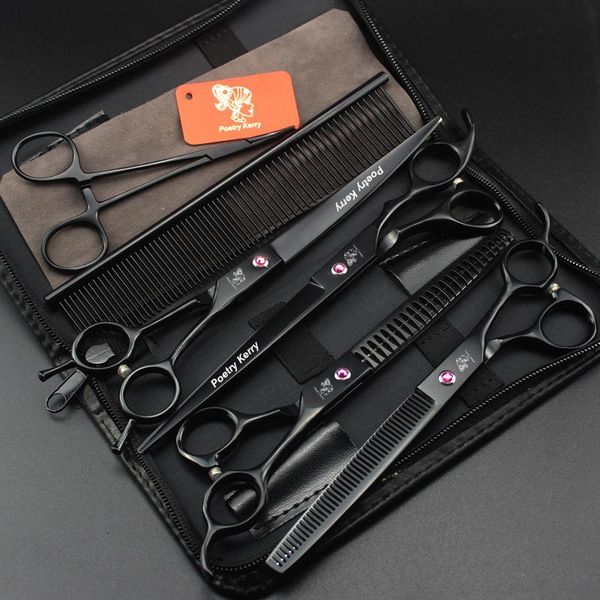 

dog grooming 8" professional pet kit, straight and thinning scissors curved pieces 3 pieces. blackright-handed set