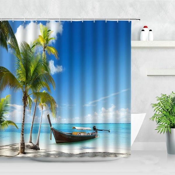 

sea palm tree shower curtains sun beach boat ocean scenery print waterproof home bathroom decor screen fabric bath curtain set