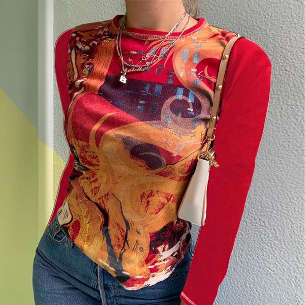 

women's t-shirt ladies round collar spring autumn women leisure style abstract printing long sleeve slim base, White